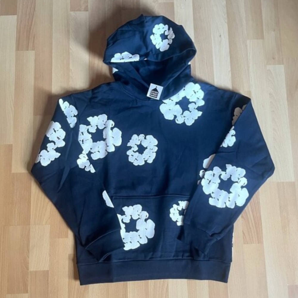 Navy blue Hoodie with White Floral Print (demin tears hoodie ) READY TO SHIP